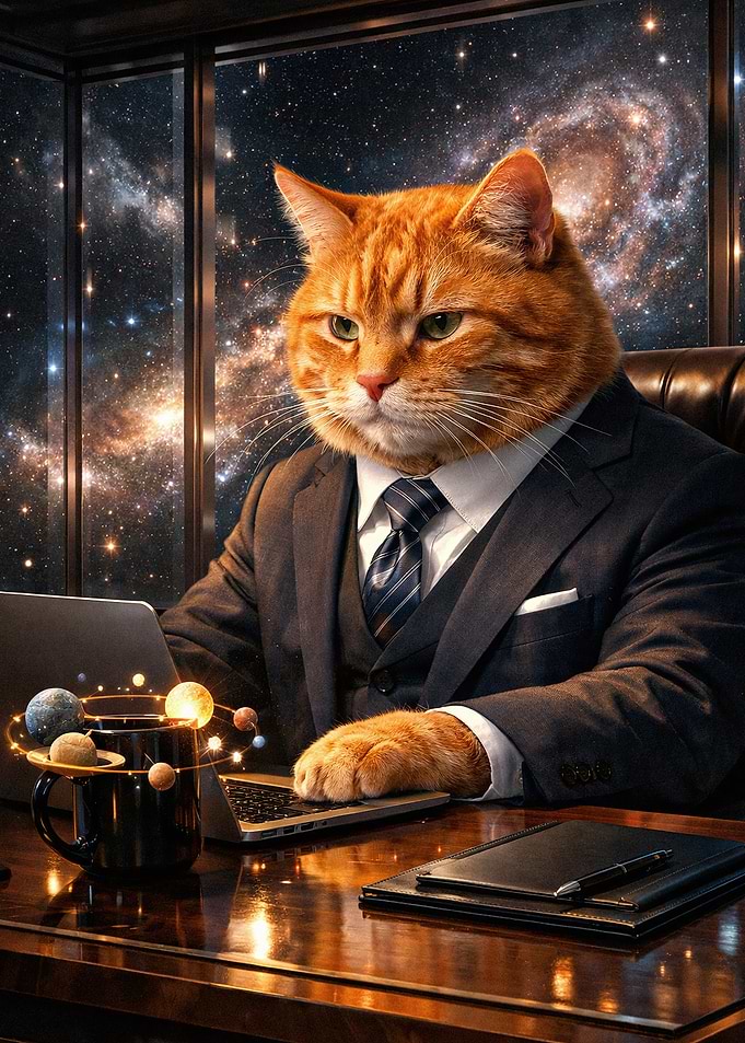 Business Cat Working in Space Office