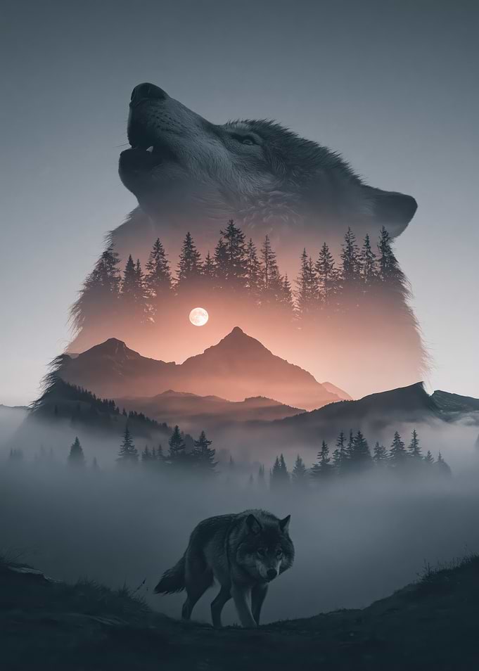 Double Exposure Wolf and Mountain Landscape