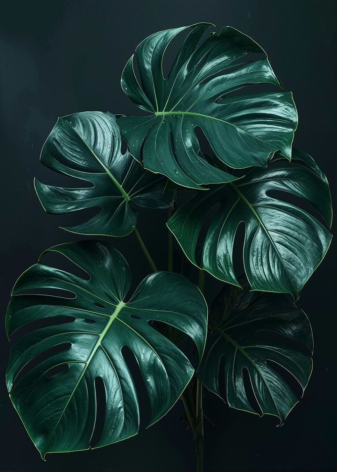 Monstera Deliciosa Leaves on Dark Background