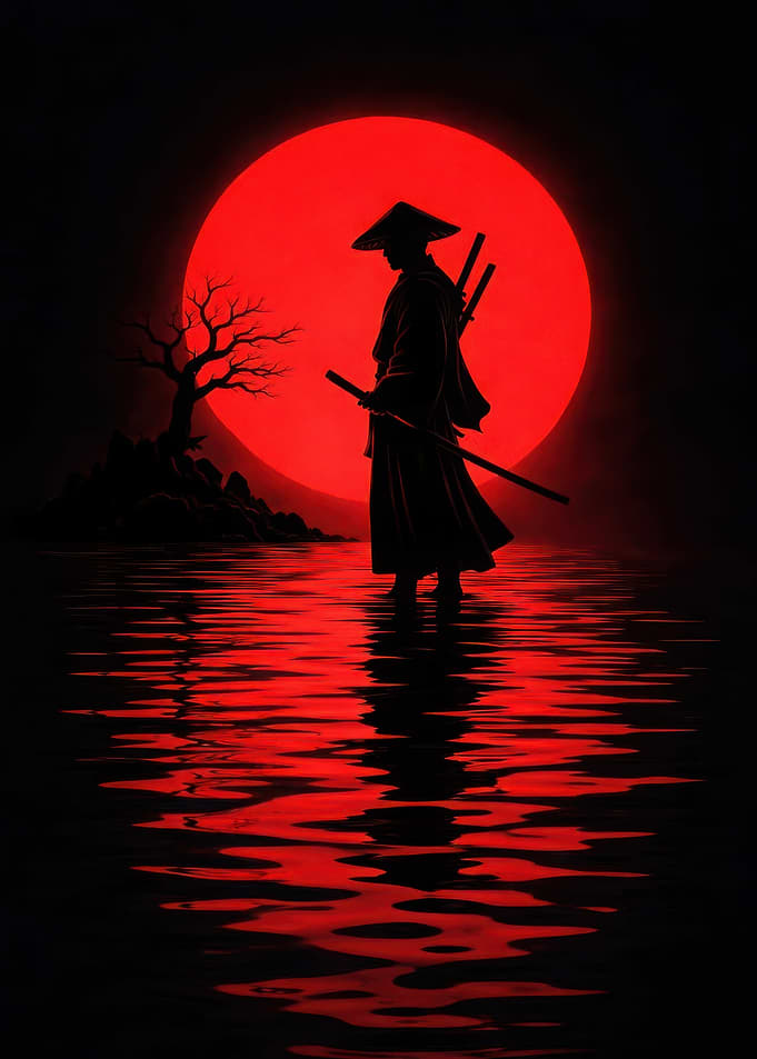 Samurai Silhouette Under Red Moon