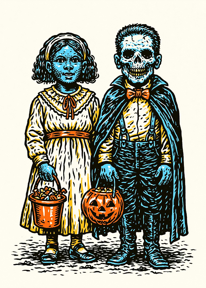 Vintage Halloween Trick-or-Treaters Illustration
