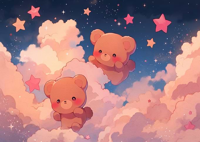 Cute Teddy Bears in Starry Clouds