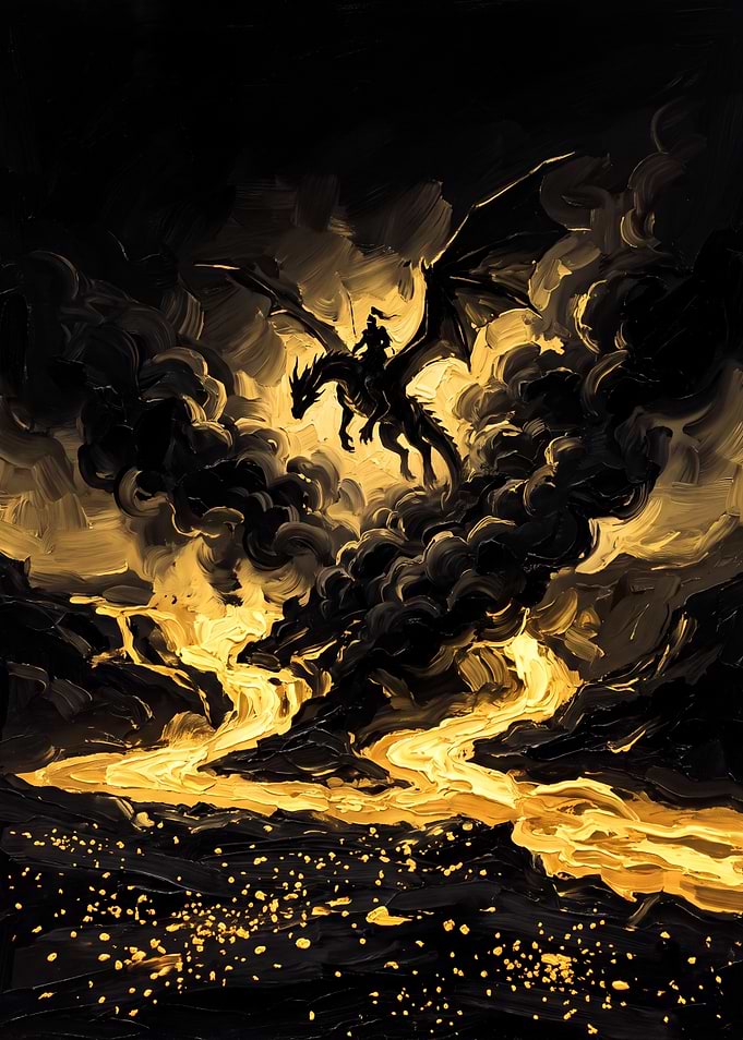 Knight Riding Dragon Over Lava