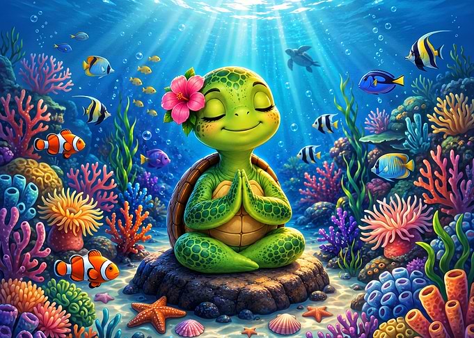 Meditating Turtle in Vibrant Coral Reef