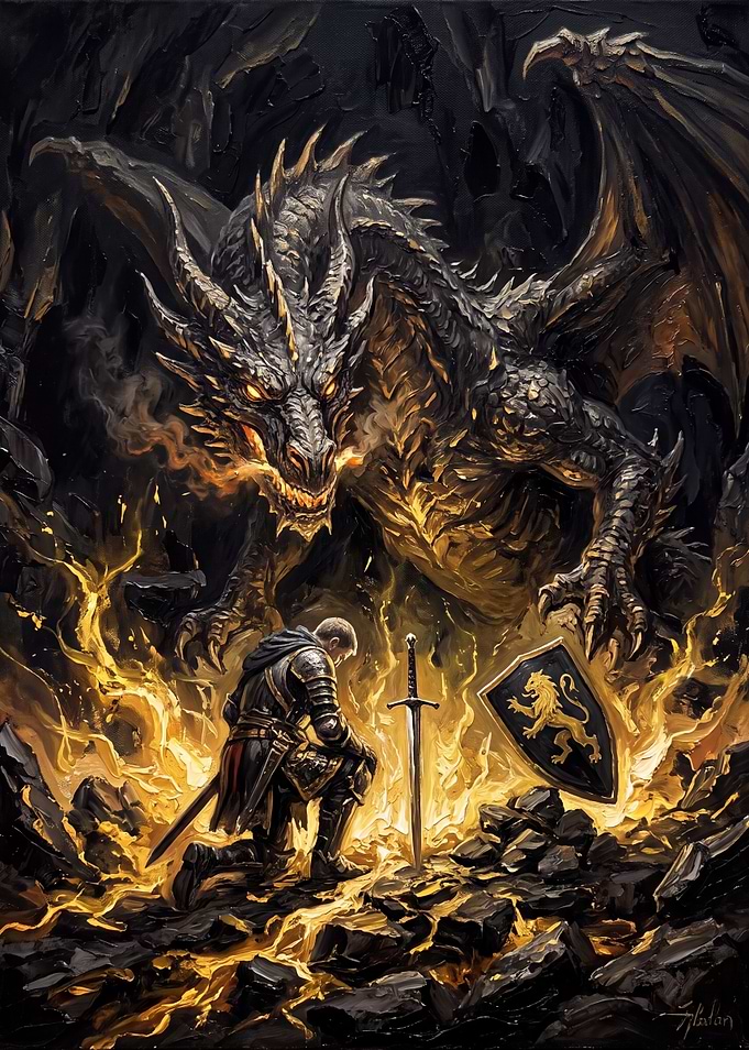 Knight Kneeling Before Fiery Dragon