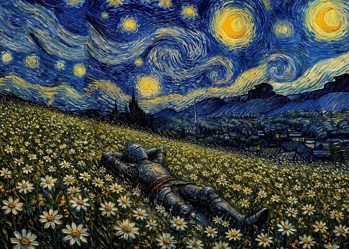 Knight Resting in Starry Field