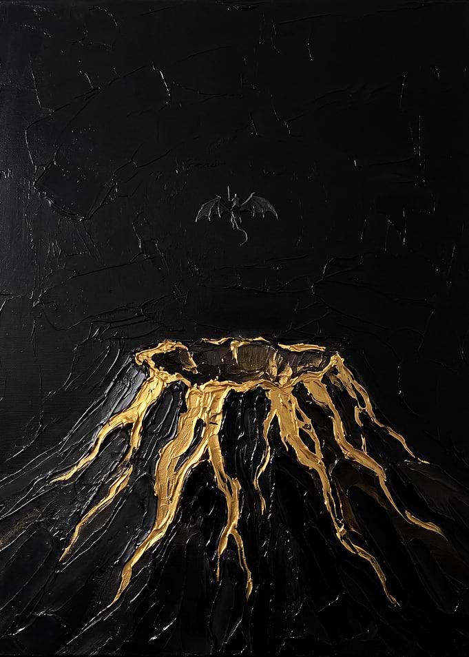 Dragon Flying Over Golden Volcano