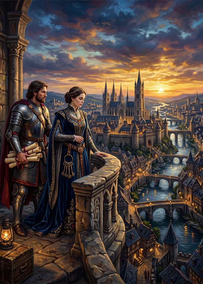 Knight and Noblewoman Overlooking Kingdom