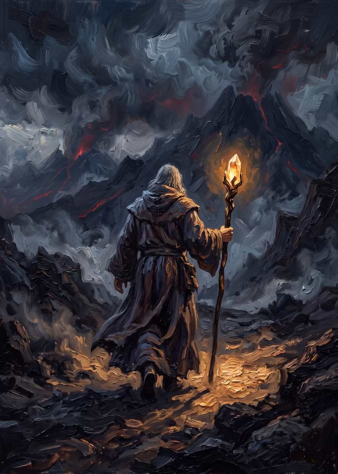 Wizard Walking Toward Volcanic Mountain