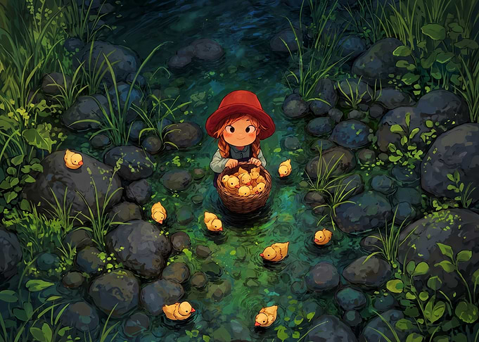 Girl with Ducklings in Stream