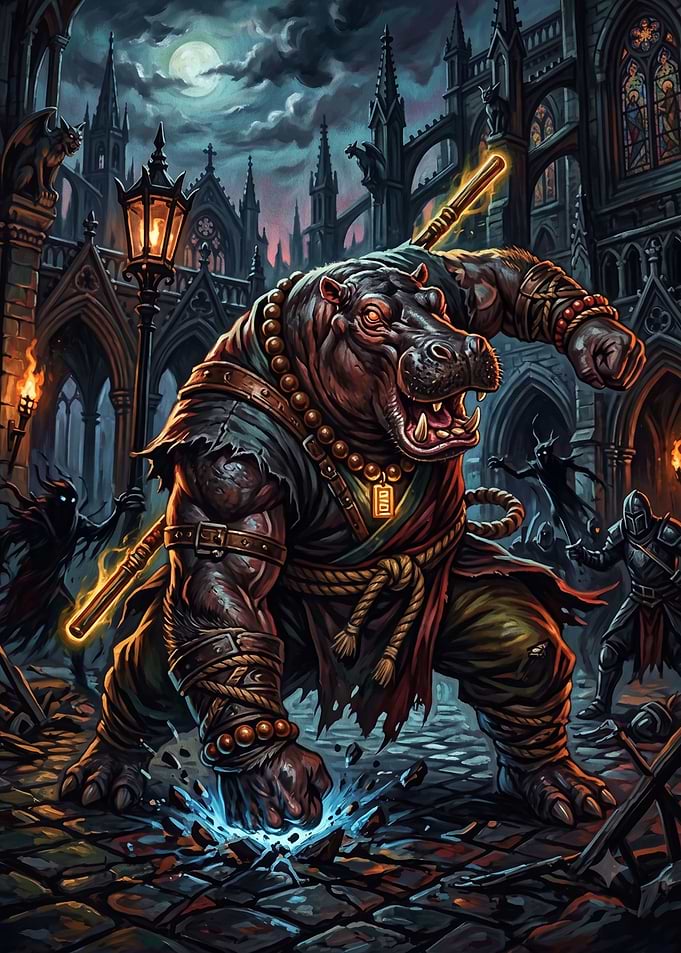 Anthropomorphic Hippo Warrior in Gothic City