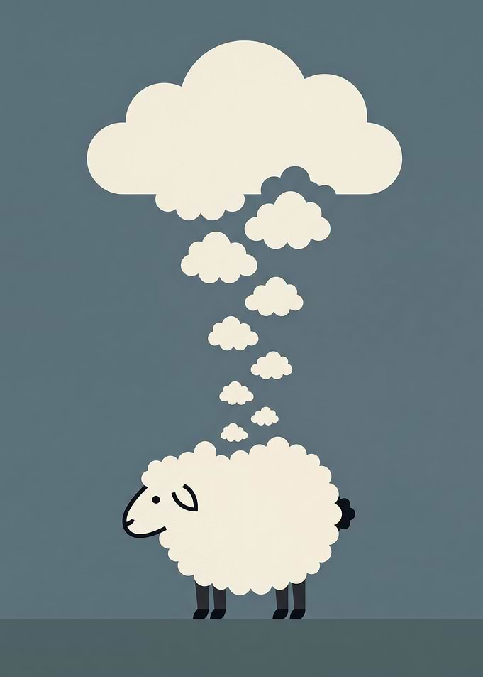 Minimalist Sheep Floating Cloud Illustration Grey Cream