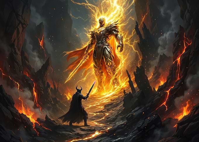 Warrior Facing a Lightning Titan