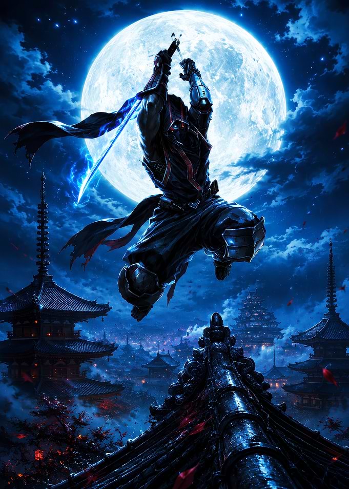 Cybernetic Ninja Leaping Under Full Moon