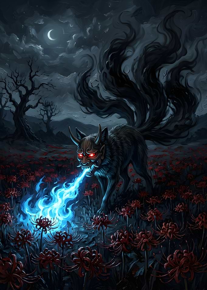 Kitsune Demon in Red Flower Field