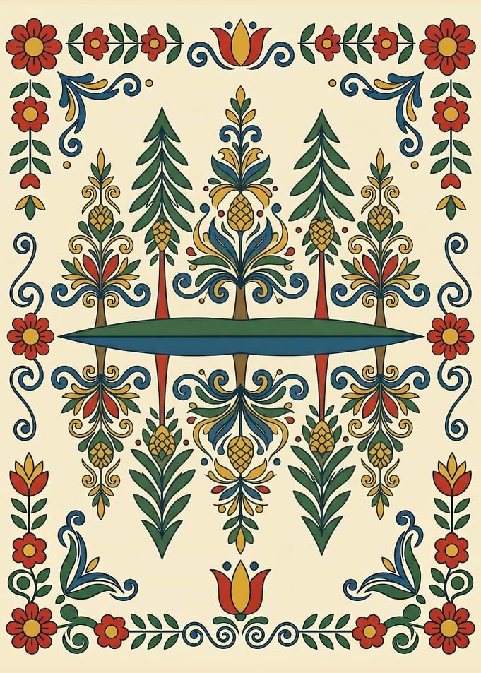 Reflected pine tree Scandinavian Kurbits folk art