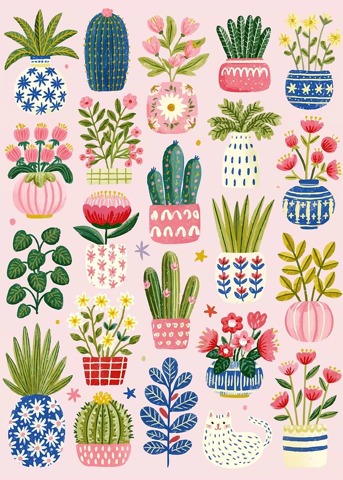 Whimsical Potted Plants and Cat Pattern