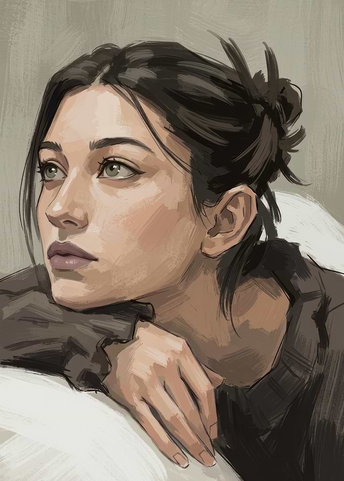 Digital Portrait of a Thoughtful Woman
