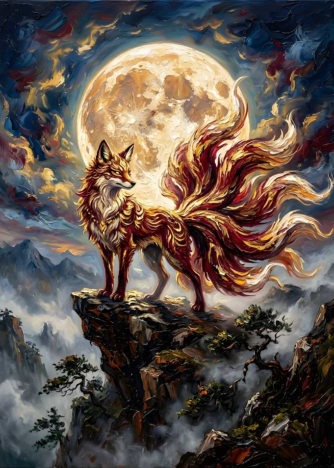 Nine-Tailed Fox Under Full Moon