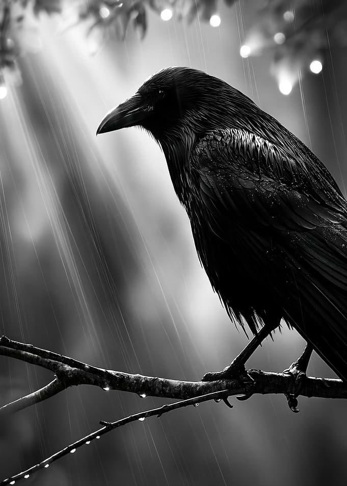 Black Raven Perched in Rain