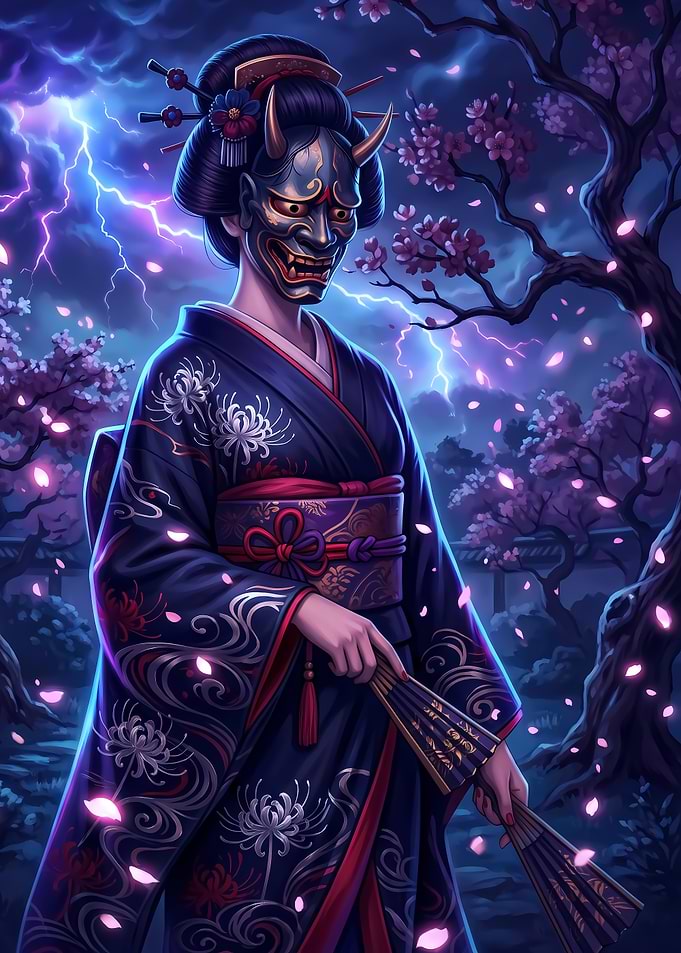 Geisha with Oni Mask in Storm