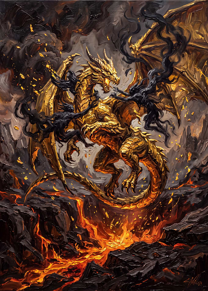 Golden Dragon Rising from Lava