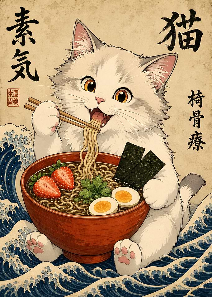 Cute Cat Eating Ramen Ukiyo-e Style