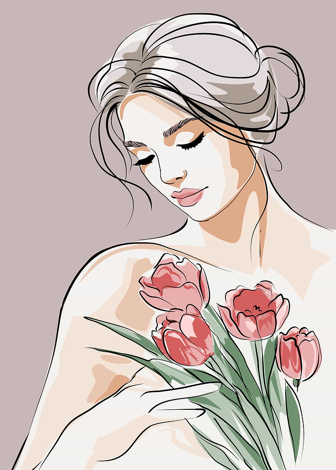 Woman Holding Pink Tulips Illustration