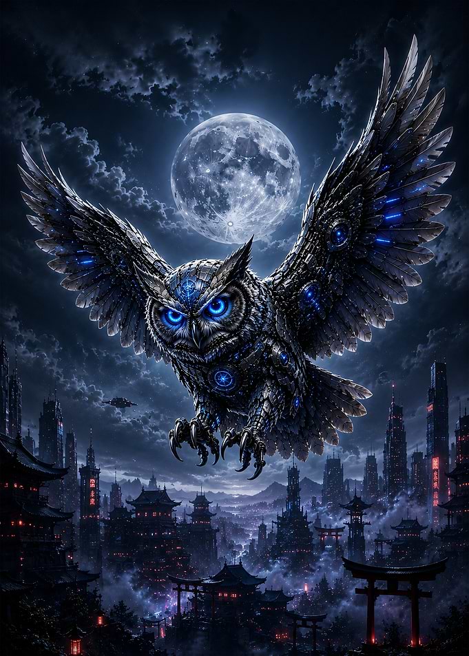 Cybernetic Owl Over Futuristic City