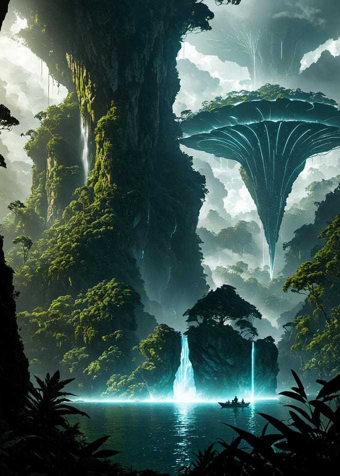 Floating Islands and Bioluminescent Waterfall