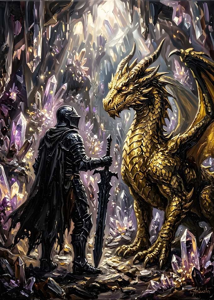 Knight Facing a Golden Dragon