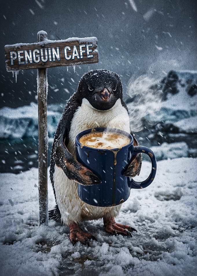 Penguin Holding Coffee in Snow