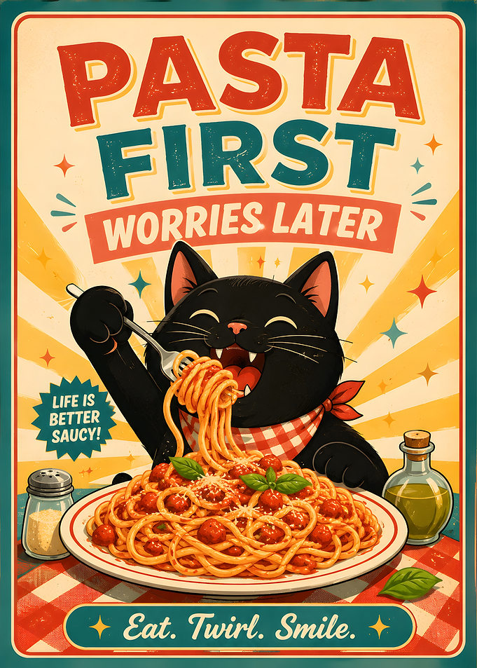 Hungry Cat Spaghetti Print, Humorous Poster, Funny Wall Art for Kitchen