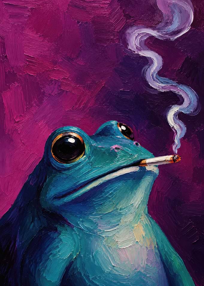 Oil Painting of Smoking Blue Frog