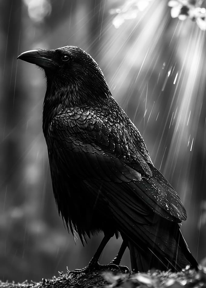 Majestic Raven in the Rain