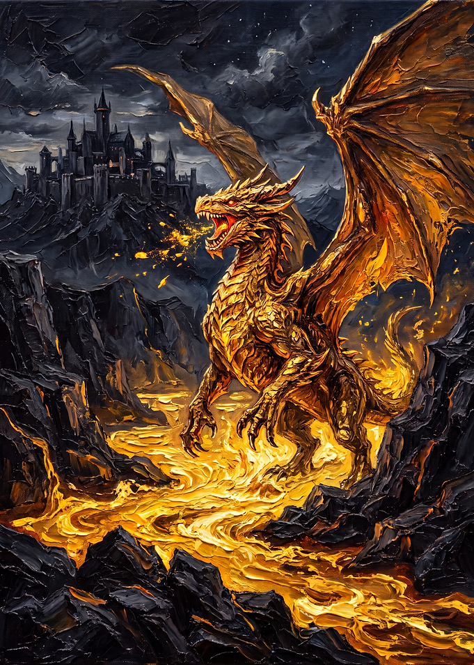 Golden Dragon in Volcanic Landscape