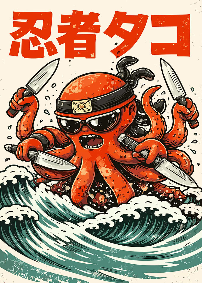 Vintage Ninja Tako Octopus Wall Art Japanese Samurai Ocean Poster
