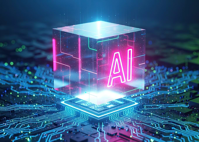 Glowing AI Cube on Circuit Board
