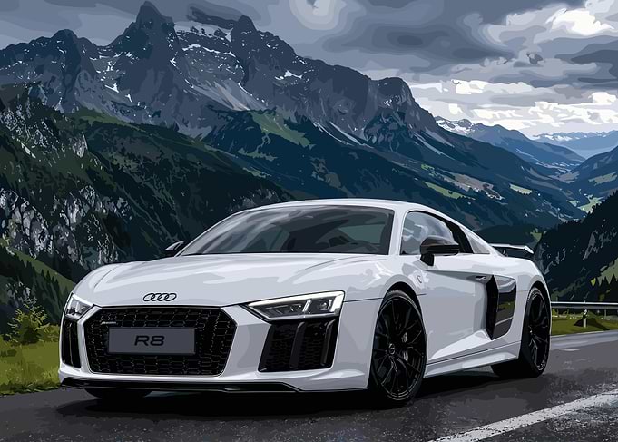 White Audi R8 in Mountain Landscape