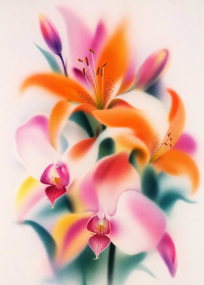 Dreamy Airbrushed Tropical Pink and Orange Lily Orchid Floral Art Nature Lover