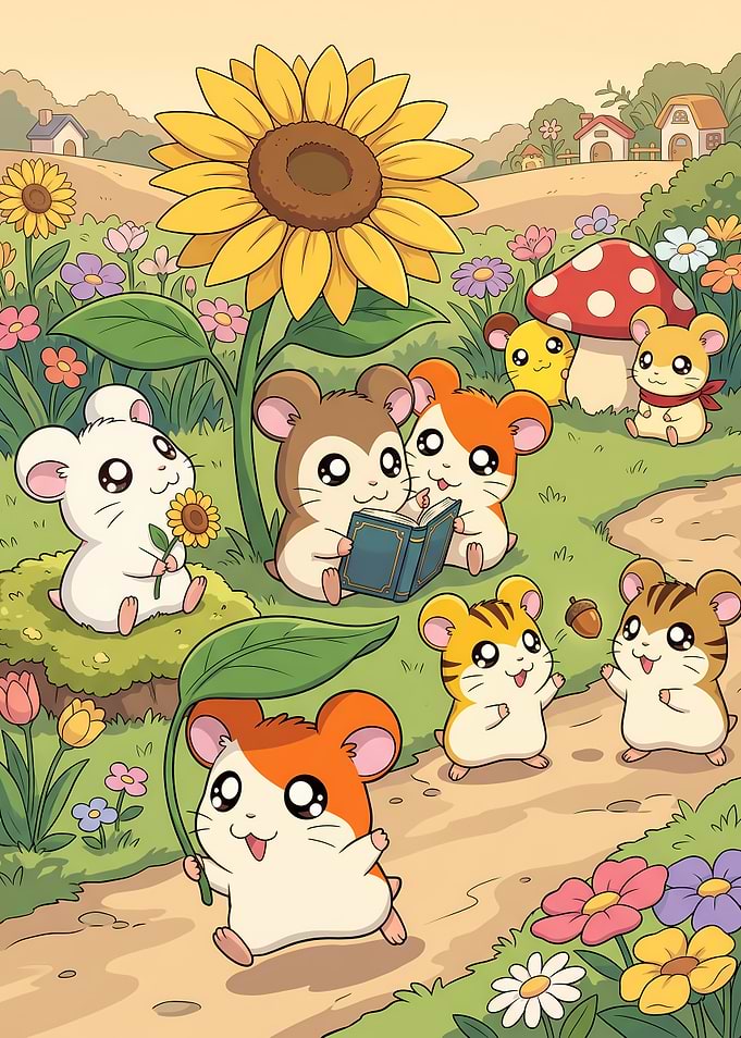 Cute Hamtaro Characters in Flower Garden