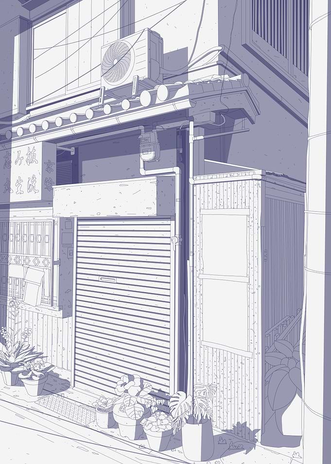 Quiet Japanese Street Corner Illustration
