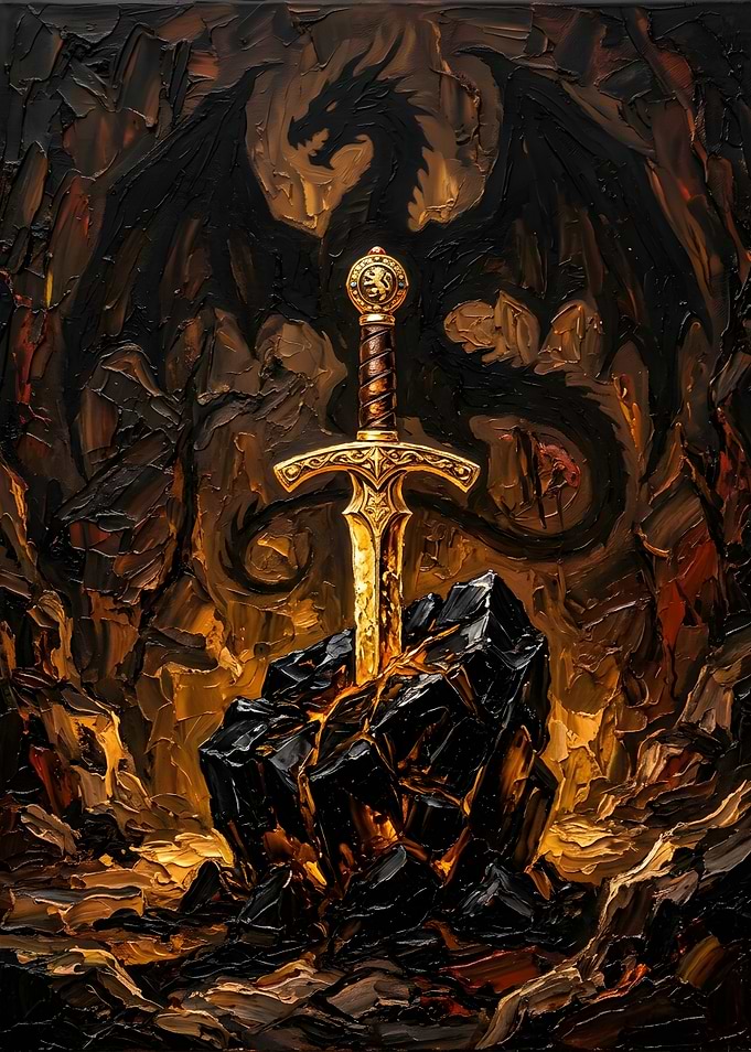Golden Sword in Stone with Dragon