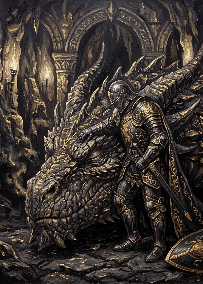 Knight and Dragon in Dark Cave