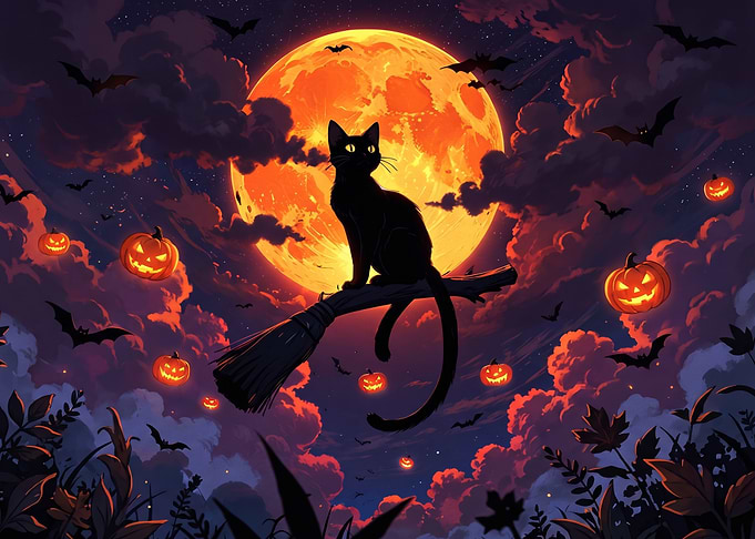 Black Cat on Broomstick Halloween Scene