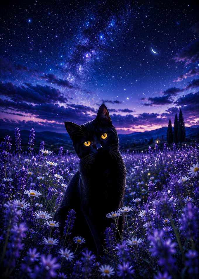 Black Cat in Lavender Field