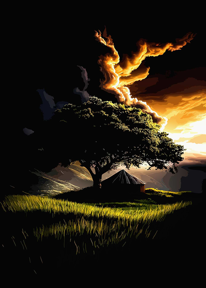 Lone Tree and Hut at Sunset