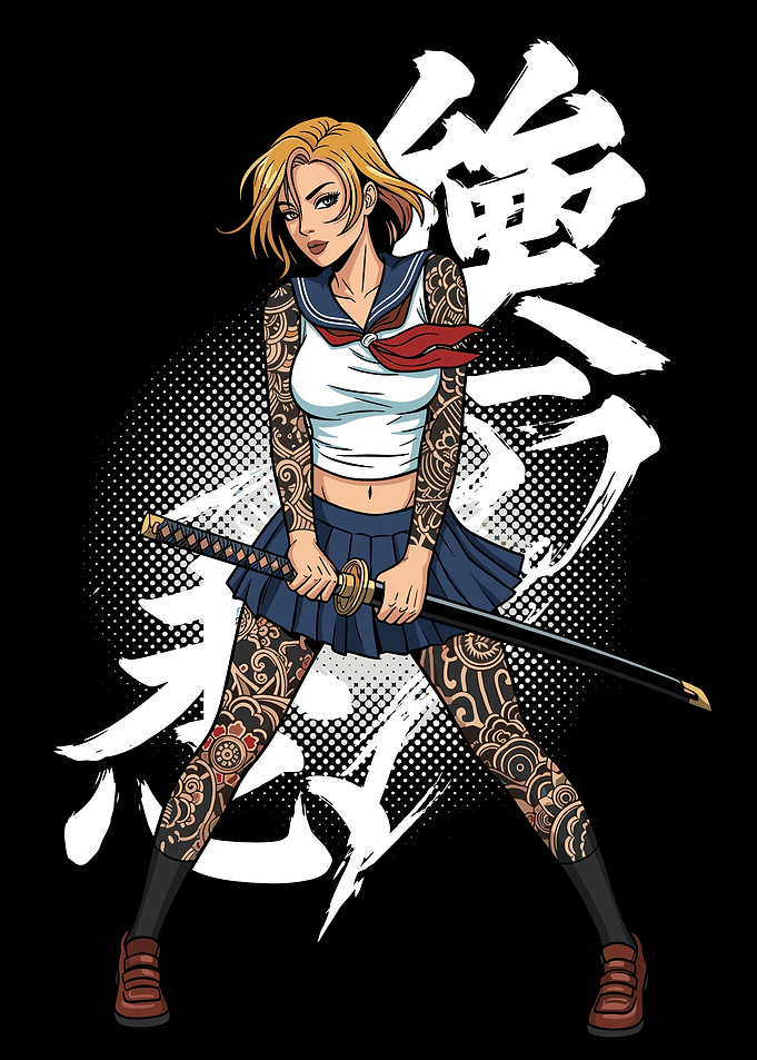 Tattooed Anime Schoolgirl with Katana