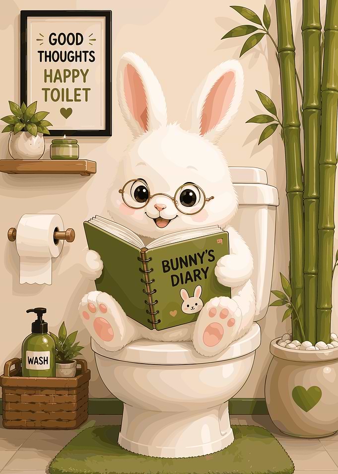 Cute Bunny Reading Diary on Toilet