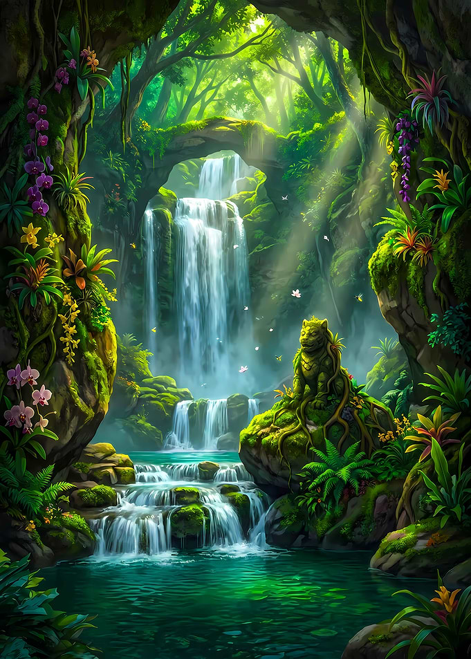 Jungle Waterfall with Stone Guardian